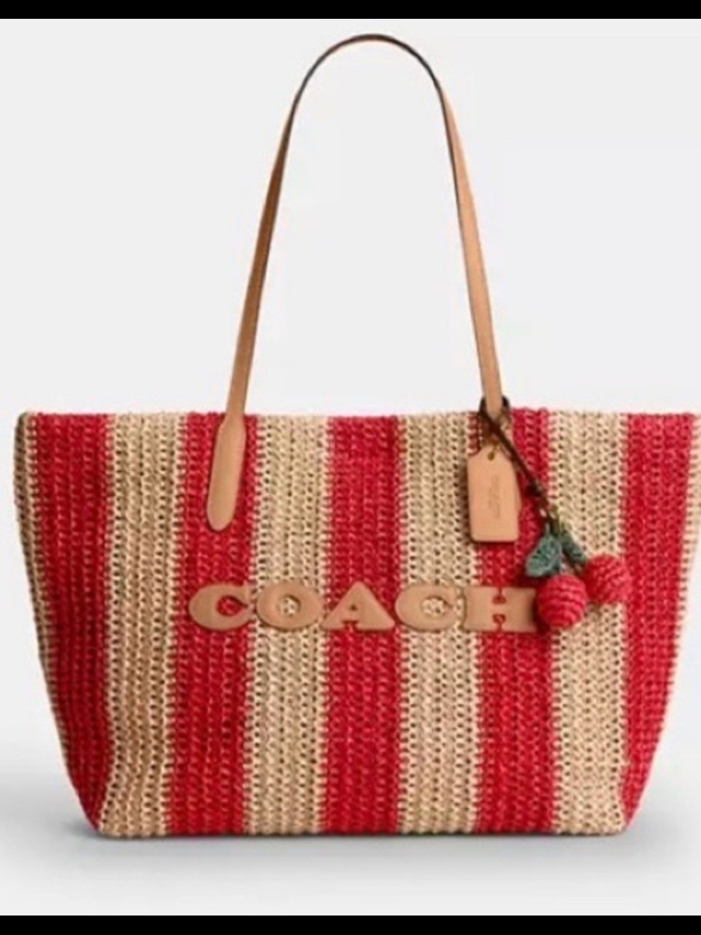 Coach Red and Natural Striped Straw Tote with Leather Trim
